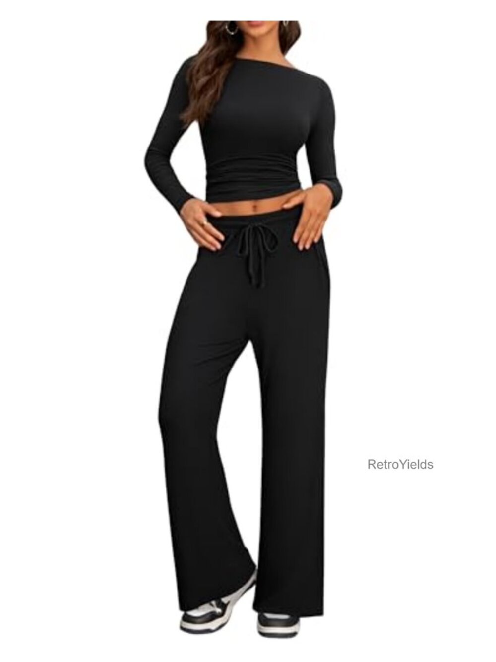 Women's 2 Piece Lounge Set Long Sleeve Ruched Top Wide Leg Pants